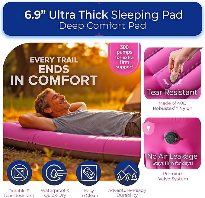 Premium Double Sleeping Pad for Camping - Camping Mattress 2 Person XL with Built-in Pump - 6.9" Thick Camping Beds for Adults - Indoor, Beach & Pool Use