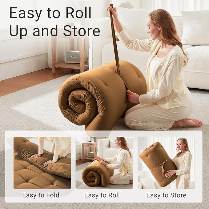 Japanese Floor Futon Mattress Queen Size 60"x 80", Foldable Bed Mattress, Portable Tatami Mat Sleeping Pad, Folding Futon Cushion, Roll Up Floor Lounger for Guest Room Dormitory (Brown)