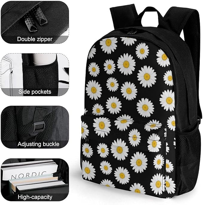 Adults Lightweight Floral Chamomile Or Daisy Flowers Black Rucksacks Large Capacity Bookbag With Adjustable Shoulder Straps for Trekking Outdoors Bicycle
