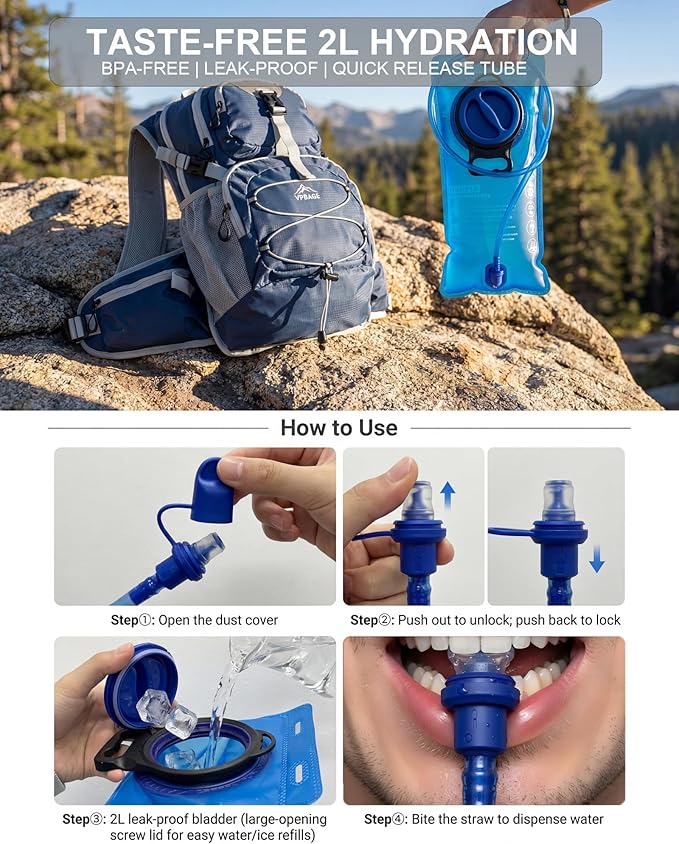 Hydration Backpack with 2L Bladder – Thermal Insulated Water Pack for Hiking, Skiing, Running – Lightweight Daypack for Men & Women, Soft-Lined Sunglasses Pocket & Large Waist Pockets