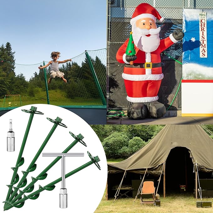 360° Adjustable Tent Stakes Heavy Duty Trampoline Stakes Dog Tie Out Stake 4 Pack Screw in with Protective Cover for Tent, Trampoline,Inflatable Christmas Decoration,Swing Sets 12 inch (4 X 12)
