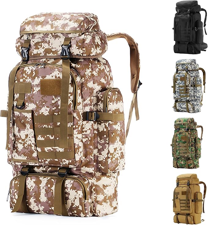 Hiking Backpack Tactical Backpack for Men Women, 80L Military Backpack Rucksack Waterproof Large Travel Camping Backpack for Men, Molle Rucksack Outdoor Travel Cycling Daypack (Desert Camo)