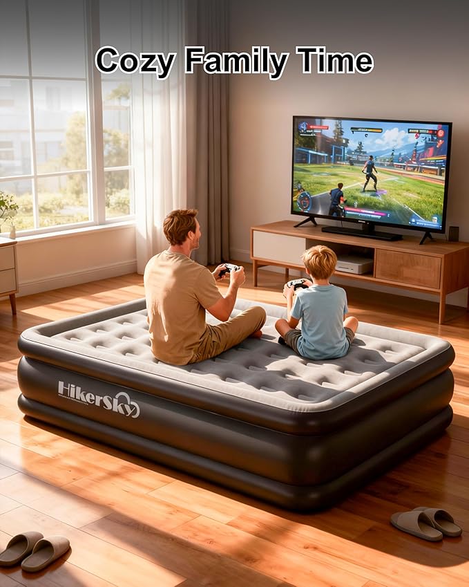 Full Air Mattress with Built in Pump, Inflatable Mattress for Home, Blow up Air Bed 3 Min Quick Inflation and Deflation, Thin Velvet Top, 18'' Full Size Gray