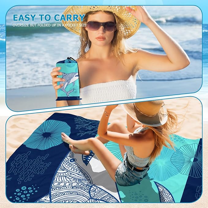 Beach Blanket Waterproof Sandproof, Shark Oversized Extra Large Picnic Mat 83"×95"/8 × 7 FT for 1-7 Adults for Travel Camping Hiking, Quick Drying Lightweight Beach Vacation Essentials