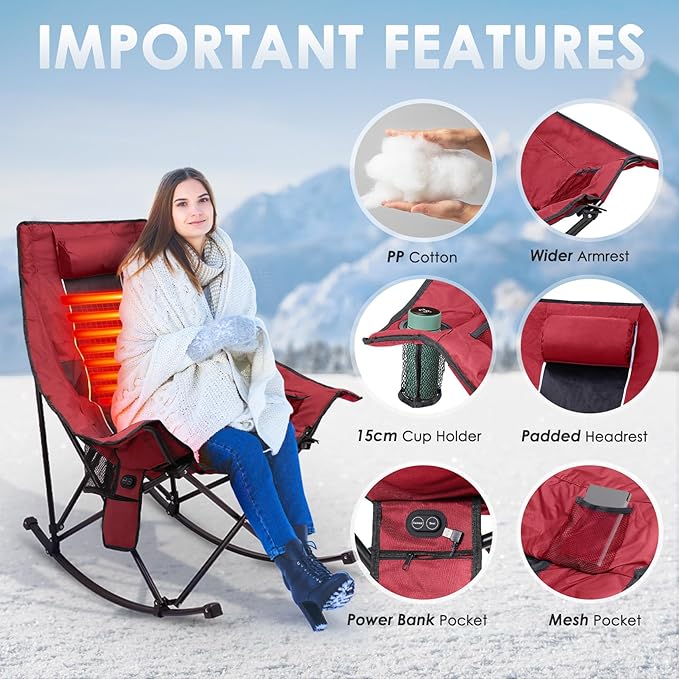 Suteck Heated Rocking Camping Chair - Fully Thicker Padded Heated Chairs for Outdoor Sports W/3 Heat Levels for Back & Seat, Heated Folding Chair for Adults with Carry Bag- Battery NOT Included