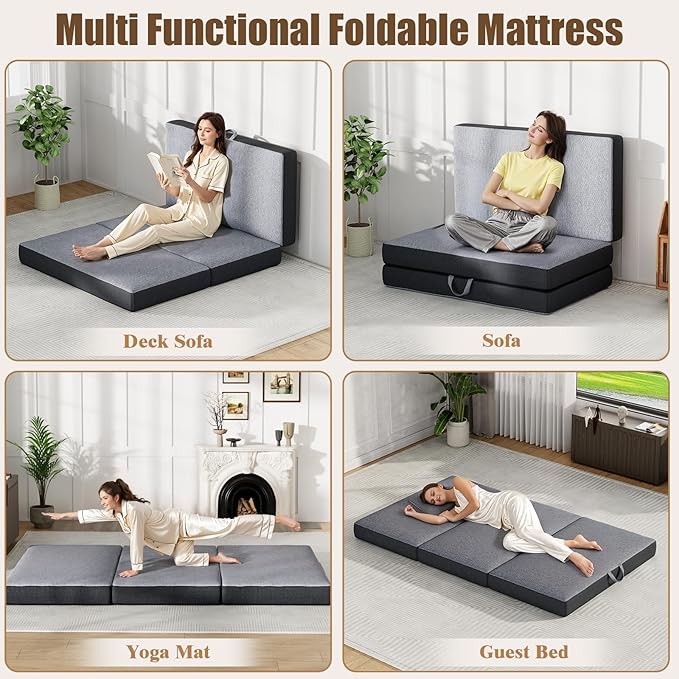 Trifold Mattress Single Size 4 Inch - Foldable Memory Foam Mattress for Camping, Travel, RV, Guest Bed & Yoga - No Slip Bottom, Washable Cover with Handles - Portable Folding Floor Cushion 75"x25"x4"