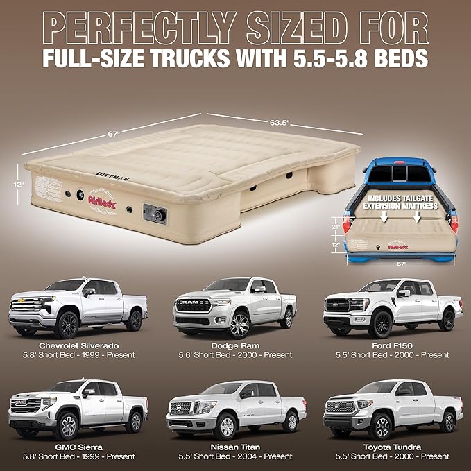 Pittman - Truck Bed Mattress 5.5 ft > 5.8ft - Airbedz Full Size Short Truck Bed Air Mattress 5.8' > 5.5' - Built in Pump & 25% More Coverage for Pickup Camping - PPI-504