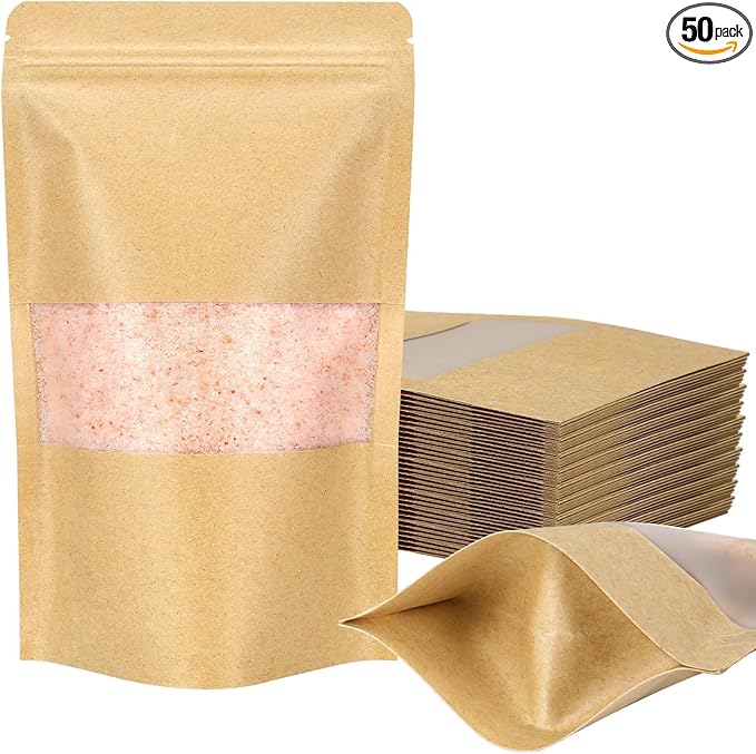 Blisstime Stand Up Pouches, 50 Pack Kraft Paper Bags with Matte Window and Tear Notch Resealable Bags for Small Business Home Use (4 x 6.5 Inches)