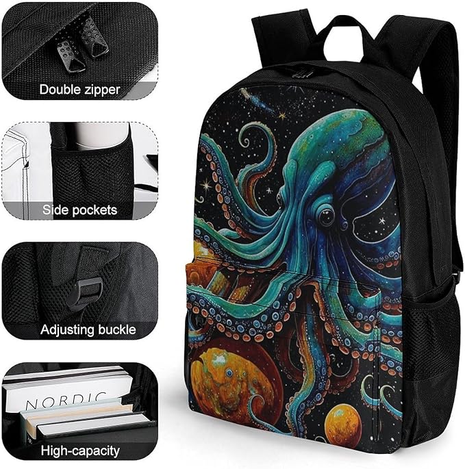 Supdreamc Lightweight Daypack Backpack for Sports Travel Running, Large Capacity Multipurpose Anti-Theft Bookbag, Octopus On The Moon Holding Stars Planet Art Laptop Backpack Daypack