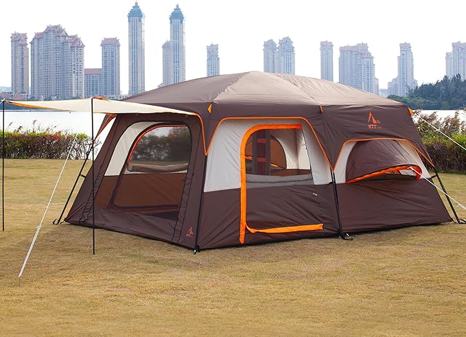 KTT Extra Large Tent 6-10-12-14 Person(Style-B),Family Cabin Tents,2 Rooms,3 Doors and 3 Windows with Mesh,Straight Wall,Waterproof,Double Layer,Big Tent for Outdoor,Picnic,Camping,Family Gathering
