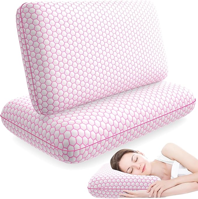 Memory Foam Pillows for Side, Back and Stomach Sleepers, Set of 2, Bed Pillow with Washable Cover and Breathable Mesh, Bed Pillow for Sleeping (Pink，Standard Size)