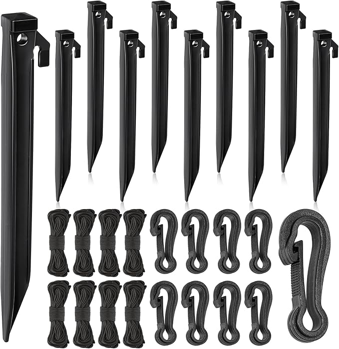 JULMELON 24 Pieces Plastic Inflatable Stakes Set, Include Tent Stakes, Tethers Ropes and Hooks Heavy Duty Yard Ground Lawn Stakes for Halloween Christmas Holiday Outdoor Decorations(8.7in)