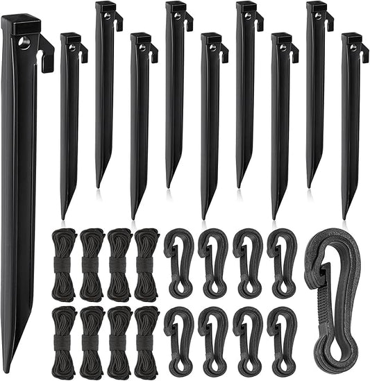 JULMELON 24 Pieces Plastic Inflatable Stakes Set, Include Tent Stakes, Tethers Ropes and Hooks Heavy Duty Yard Ground Lawn Stakes for Halloween Christmas Holiday Outdoor Decorations(8.7in)
