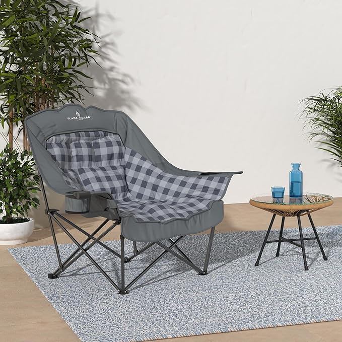 Black Sierra Oversized Camping Chair for Adults, Heavy Duty Outdoor Seat with Plush Padding, Supports 400lbs, Cup Holder & Carry Bag, Comfortable Folding Chair for Tailgating, Patio, & Sideline Events