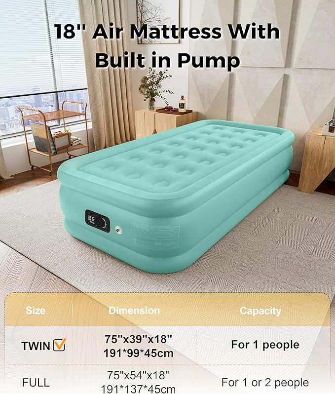 Twin Air Mattress with Built in Pump, Single Blow up Air Bed with Portable Storage Bag, Suitable for Home and Guests, Top Flocking, 18" QueenTurquoise Green