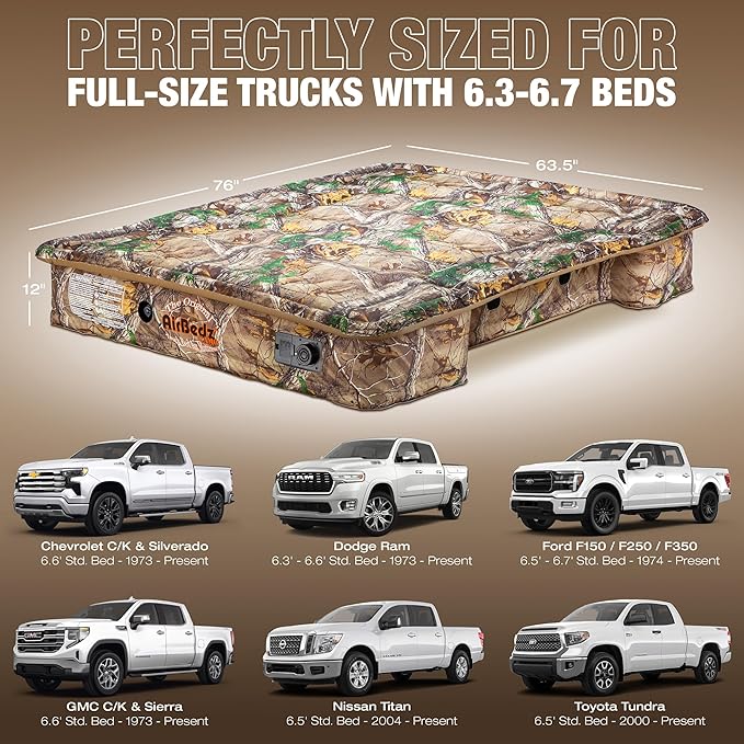 Pittman Outdoors AirBedz Tacoma 6.5 Foot Truck Bed Mattress – Full Size Air Mattress with 25% More Coverage – Pickup Bed Camping Mattress – Camo