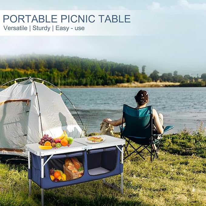 Folding Camping Table with Storage, 3 Height Adjustable, Lightweight, 4 Ft Outdoor Portable Kitchen Aluminum Table for BBQ, Picnic, Hiking, Beach, and Indoor