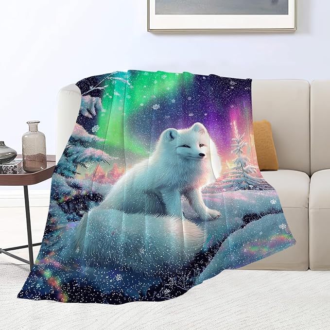 White Fox Blanket Winter Aurora Night Animal Throw Blankets Gifts for Girls Boys Kids Fox Lover Soft Cozy Fleece Plush for Couch Sofa Bed 50"x40"