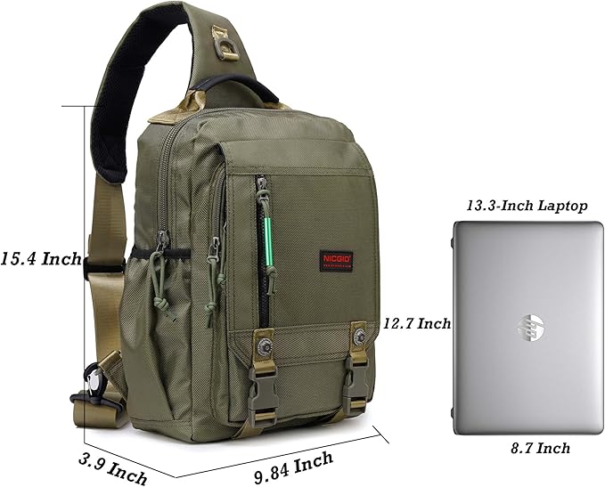 Nicgid Sling Bags Chest Shoulder Backpacks, 13.3'' 14.1'' Laptop Backpack Crossbody Messenger Bag Travel Outdoor Men Women, Green, 13.3 inch, Casual