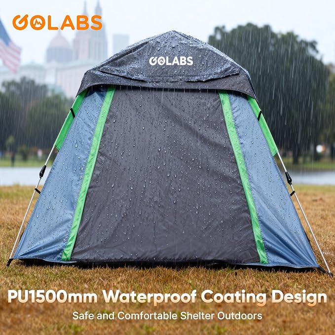 Golabs 3-4 Person Instant Camping Tent, 1-Minute Setup by Pre-Attached Pole, PU1500mm Waterproof, 4 Side Mesh & Door Ventilation with Large Canopy, Pop-up Tent with Carry Bag, Pocket & Hook for Family