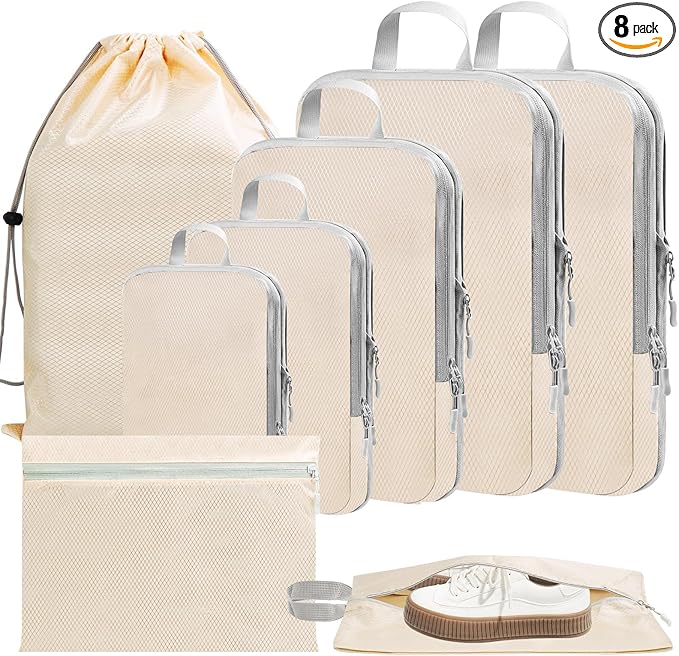 Packing Cubes for Travel Essentials, 8 Set Packing Organizers for Luggage - Women & Men-Suitcase Organizer with Laundry & Shoe Bag, Must-Have for Airplane, Road Trip, Camping