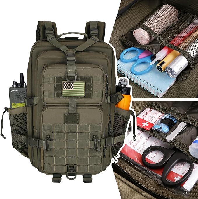 45L MOLLE Assault Backpack, Tactical Backpack Military Army Camping Rucksack with Bottle Holder, 3-Day Pack Trip w/USA Flag Patch, D-Rings, Olive