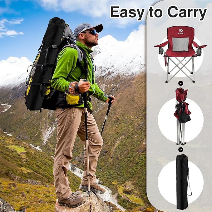 Elevon Folding Camping Chairs, Portable Outdoor Beach Chair for Adults with Carry Bag & Cup Holder, Foldable Lawn Chair with Mesh Backrest for Camp Fishing Hiking Travel Picnic Sports,