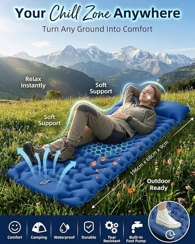 Lounge Mat - Your Portable Chill Zone Thick Memory Foam Sleeping Pad for Outdoor Camping Self Inflating Air Mattress with Pump Folding Backpacking Bed Mat Hiking Essentials Gear(Double-Pink)