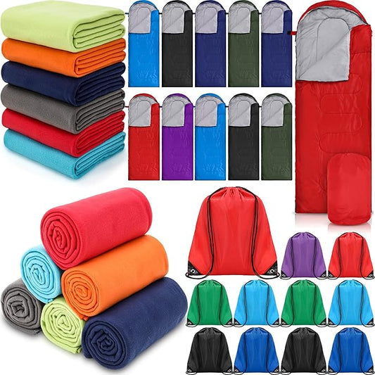 Macarrie 30 Pcs Hiking Gear Set, Include 10 Sleeping Bags for Adults Teens Kids with Compression Sack, 10 Warm Fleece Blankets and 10 Drawstring Bags for Camping Gear Homeless Supplies
