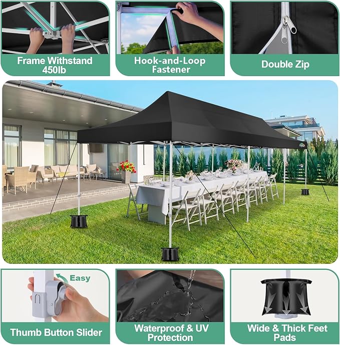 COBIZI 10x30 Canopy Tent, Heavy Duty Pop up Canopy with Sidewalls, Waterproof Easy Setup Canopy with Mosquito Netting, Outdoor Instant Screen Tents for Parties, Wedding with Roller Bag, Black