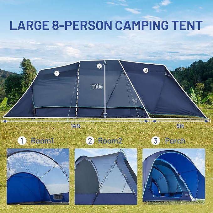 Timber Ridge 8 Person Camping Tent with Large Porch, Portable Waterproof Windproof Family Tent with Rainfly Carry Bag Room Divider, Easy Set-up Tent with Excellent Ventilation for Camping, 3 Season