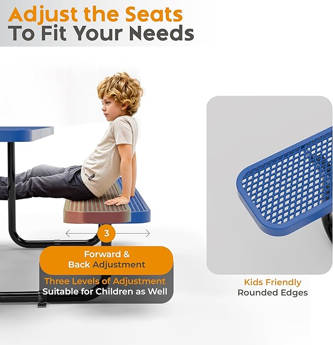 Metal Picnic Furniture for Outdoors with Umbrella Hole - Coated Steel Heavy Duty Commercial Grade Table with Adjustable Seats, Patio Set for a Lifetime (Blue, 8' Rectangular)