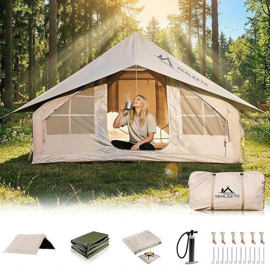 Inflatable Camping Tents 8-10 Person,129 Square Feets Large Inflatable Camping Tent with Stove Jack,Blow up Tent with Mesh Windows & Pump
