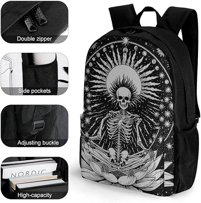 Women Men Polyester Seven Star Meditation Skeleton Skull Black Casual Daypack Large Capacity Bookbag With Side Pockets for Sports Picnic Walking Cycling