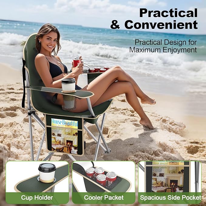 Folding Camping Chairs Durable 600D Oxford, Portable Outdoor Chair with Cooler Pouch, Cup Holder & Storage Pocket for Camping, Beach, Fishing