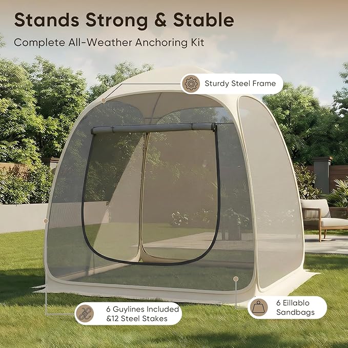 TABU Pop Up Screen House Tent, 6x6 FT Screen Room Canopy with Mosquito Mesh, Instant UV Resistant Shelter with Carry Bag, for 2-4 Person, Beige