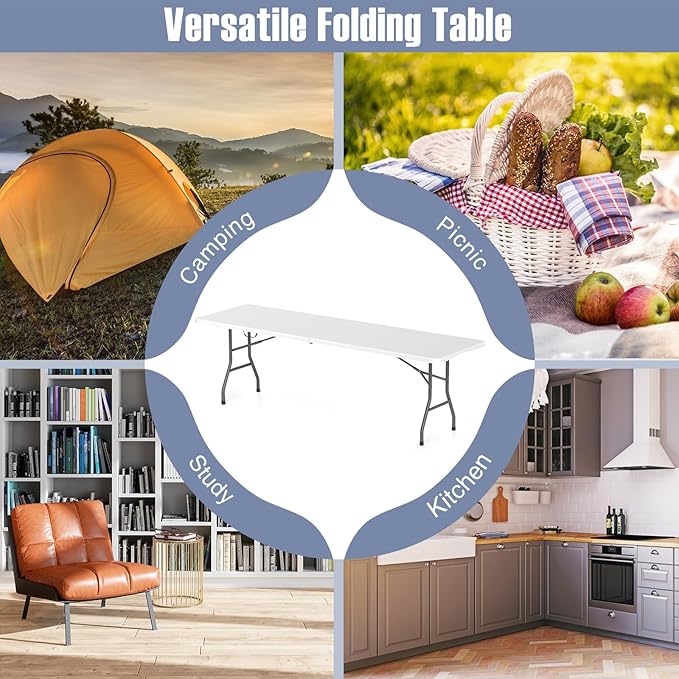 Folding Table, HDPE Portable Table with 8 ft Long Tabletop, Metal Frame Picnic Camping Table with Safe Lock, Collapsible Dining Table for Camping, Picnic, Party (White, 8 FT)