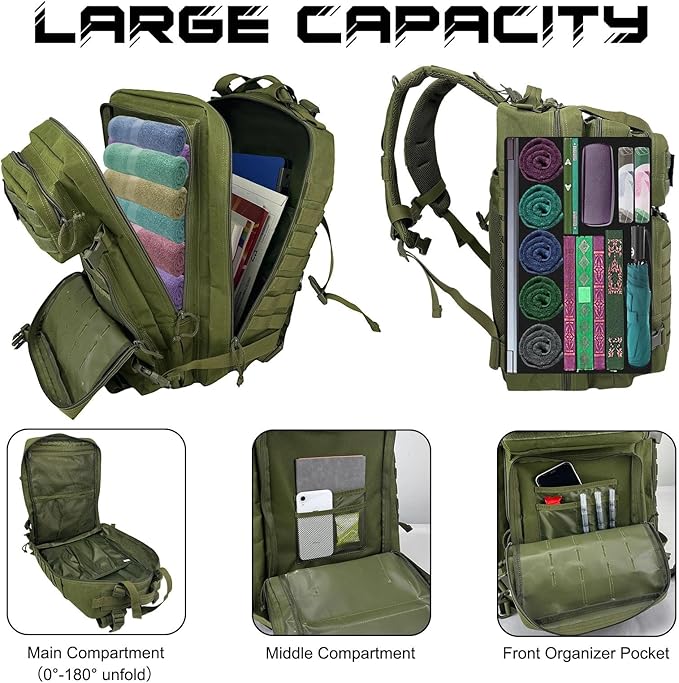 WOLT Military Tactical Backpack for Men 45L Molle Backpack 3 Day Assault Pack Bug Out Bag, Heavy Duty Rucksack for Hiking Gym(Army Green)