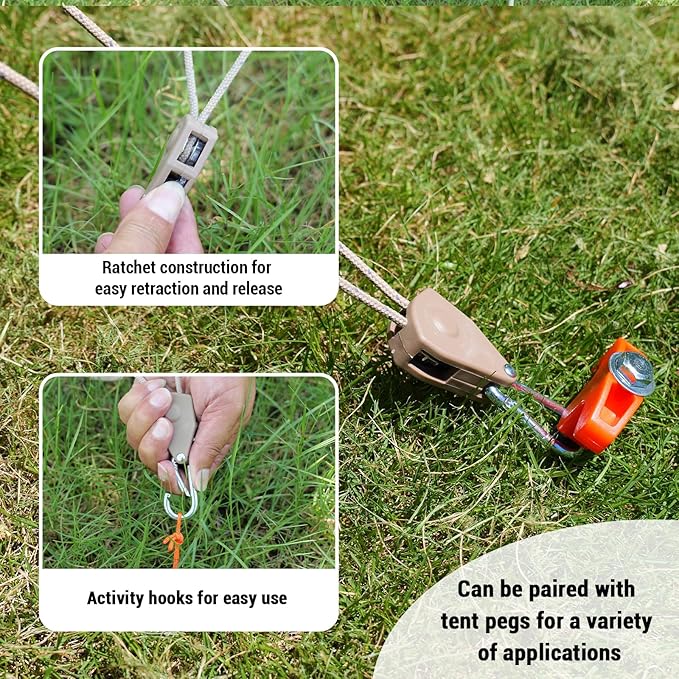 12 Pack Screw in Tent Stakes Heavy Duty-8” Metal Pegs for Ground, Drill in Camping Stake with Ratchet Tie Downs, Hex Head Driver, Spikes Puller, Protectors in a Carrying Bag, for Hiking