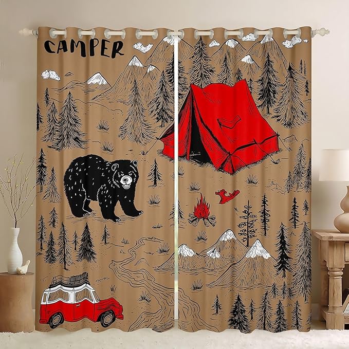 Feelyou Vintage Camper Blackout Curtains Wildlife Animal Bear Darkening Drapes for Bedroom Living Room Decor Happy Camping Thermal Insulated Shades Window Treatments, 2 Panels 38 x 45 Inch