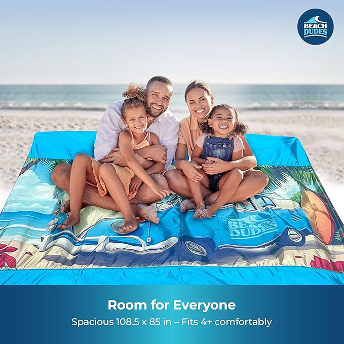 Sandproof Waterproof Beach Blanket Extra Large 108"x 84", Mat for Family, Quick Dry Ripstop Nylon Lightweight, Compact for Travel, Picnic, Camping w/ 4 Anchor Stakes and Carry Bag