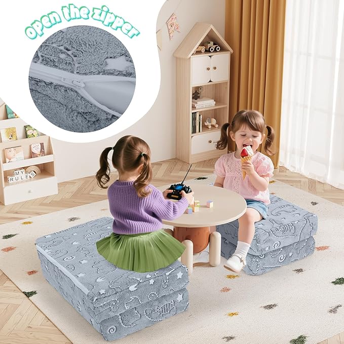MeMoreCool Kids Folding Mattress, Trifold Foldable Floor Mattress for Kids, 63x26 Portable Floor Mat with Washable Cover and Carry Bag for Camping Sleepover Daycare, Grey Dinosaur
