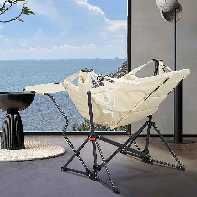 Ainfox Hammock Camping Chair with Footrest, Heavy Duty Foldable Portable Rocking Hammock Chairs Outside Swinging Camp with Cup Holder Pillow for Outdoor Patio Poolside Beige Blue