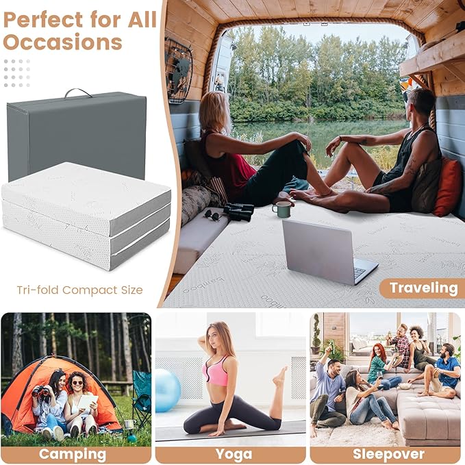 Giantex Folding Mattress, 4 Inch Gel-Infused Tri-fold Mattresses with Bamboo Cover & Carry Bag, CertiPUR-US Certified, Foldable Cooling Mattress Topper for Guest Room Dorm RV Camp Floor, Twin XL