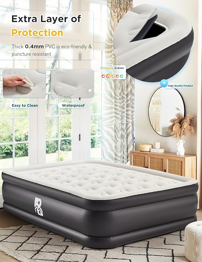 20" Queen Size Air Mattress with Built-in Pump - 2-Minute Setup, No Odd Smell, Supports 600 lbs - Perfect for Camping, Guests & Home Use - Includes Storage Bag