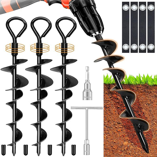 Ground Anchors Screw in 15 Inch, 4Pack Tent Stakes Heavy Duty with T-Handle Hex Wrench and Power Nut Driver