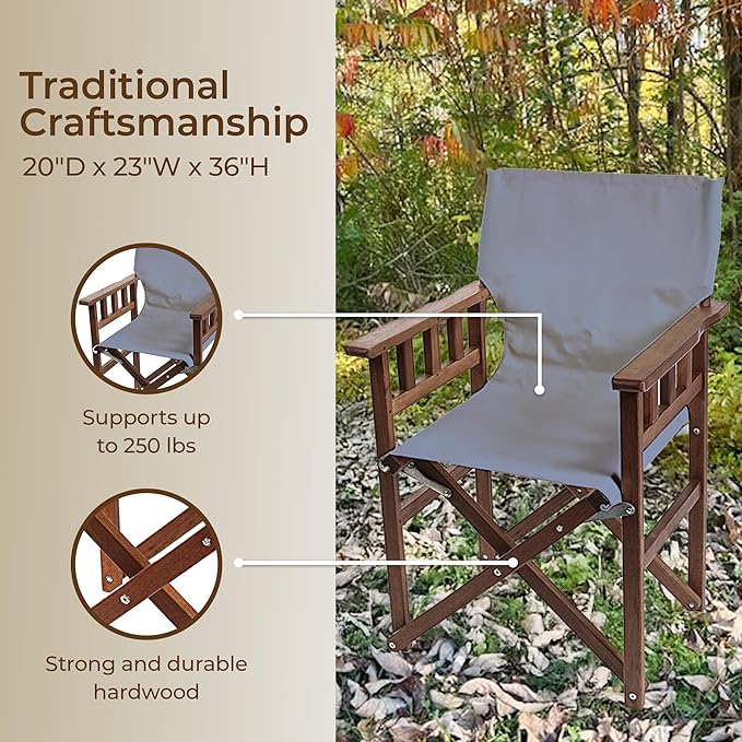 BYER OF MAINE Pangean Campaign Chair, Portable Hardwood Folding Chair with Heavy-Duty Canvas Seat Material. Ideal Patio, Deck & Camping Seat 20″D × 23″W × 36″H, 250 lbs Capacity, Granite