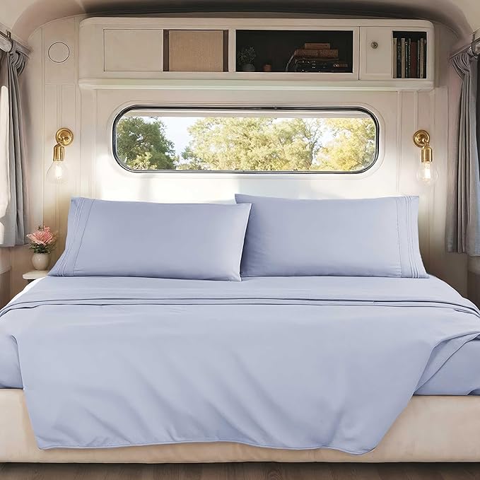Hearth & Harbor Short Queen Sheets for RV, Ice Blue RV Queen Sheets, Silky Soft 1800 Microfiber Bed Sheet for Camper, 4 Piece RV Bedding with Pillowcases