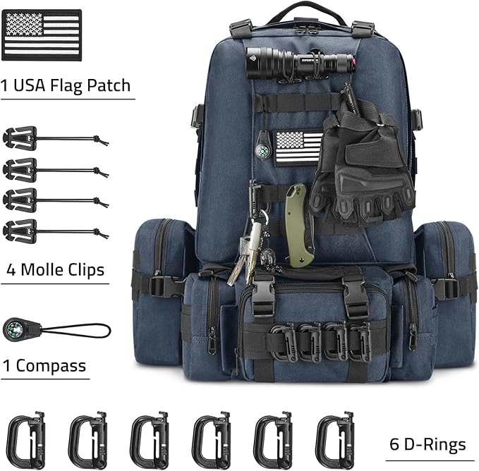 CVLIFE 60L Tactical Backpack for Men Women Military Large Army Rucksack With D-Ring Molle Clips Compass Accessories 3 Day Bug Out Survival Molle Bag Hiking Camping Gym Daypack Backpack, Blue