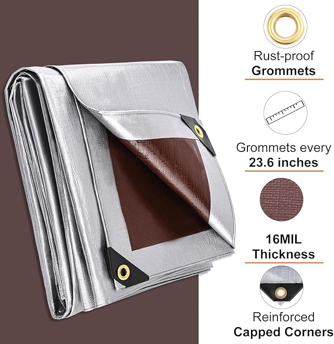 Tarp 20x30FT, 16 Mil Large Tarp, Waterproof Tarps Heavy Duty with Grommets Every 23.6", Thick Plastic Tarp, UV Resistant Tear&Fade Resistant, Reinforced Edges for Outdoor Pool Camp Tent
